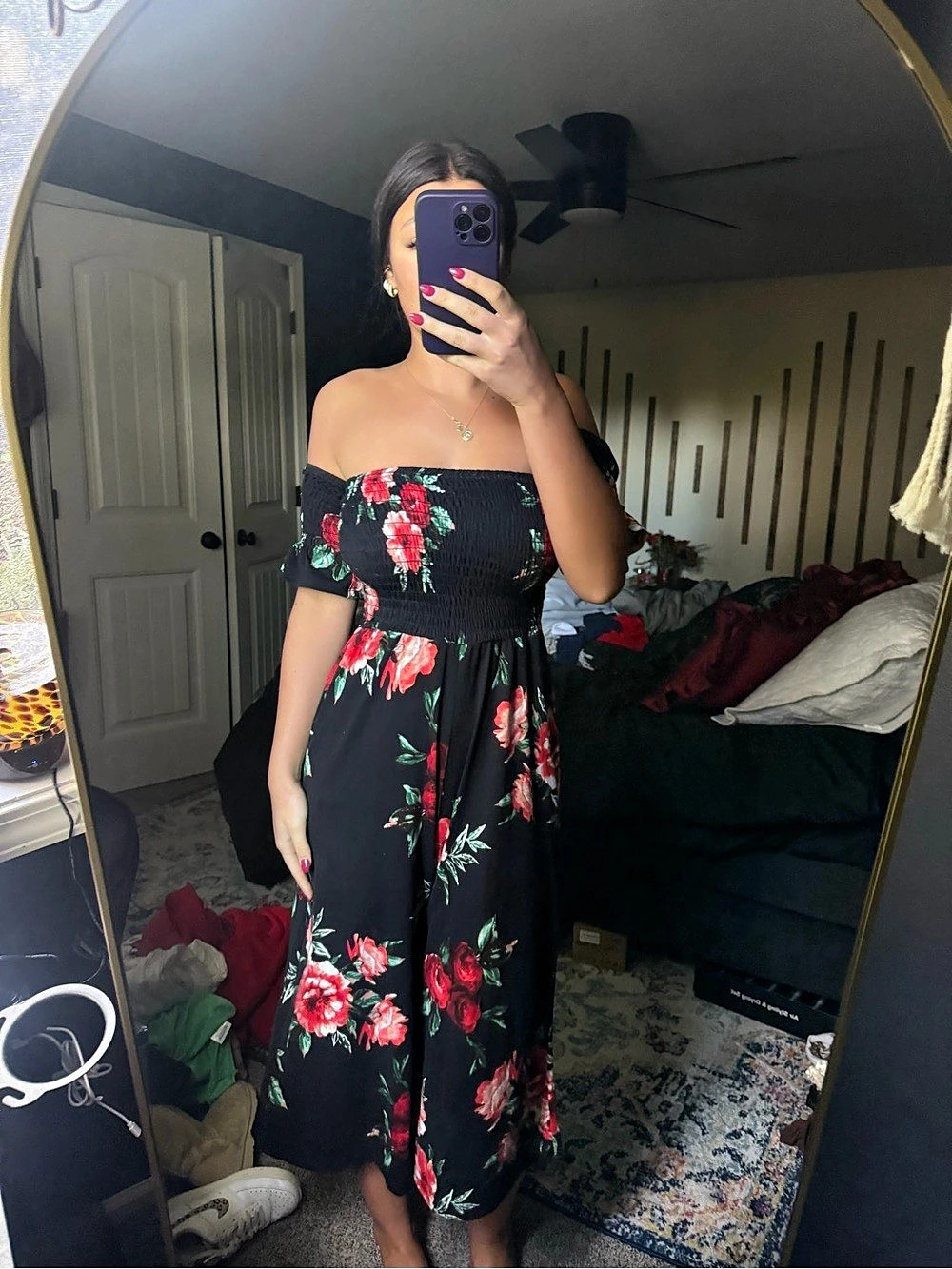Vine & Love Floral Off-Shoulder Jumpsuit in Black & Red Like New - Picture 2 of 6
